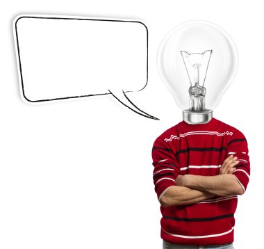 Male in red and lamp-head with speech bubble clipart