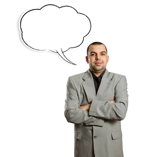 Male in suit with crossed hands and speech bubble — Stock Photo, Image