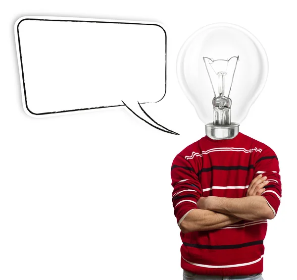 Maschio in rosso e testa di lampada con bolla vocale — Foto Stock