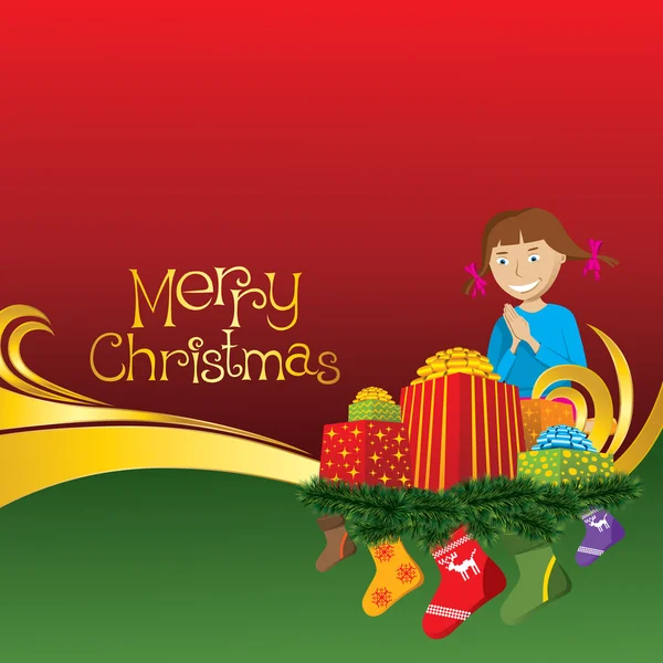 Χριστουγεννιάτικη κάρτα με κάλτσες και κορίτσι — Διανυσματικό Αρχείο