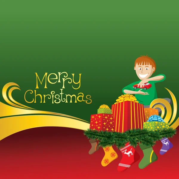 Χριστουγεννιάτικη κάρτα με κάλτσες και αγόρι — Διανυσματικό Αρχείο