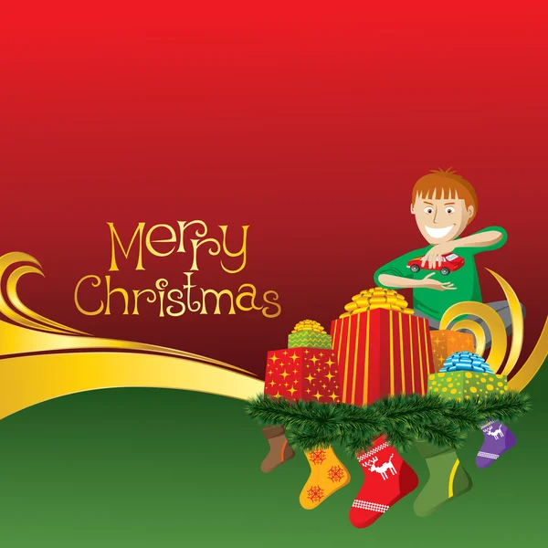 Carte de Noël avec chaussettes et garçon — Image vectorielle