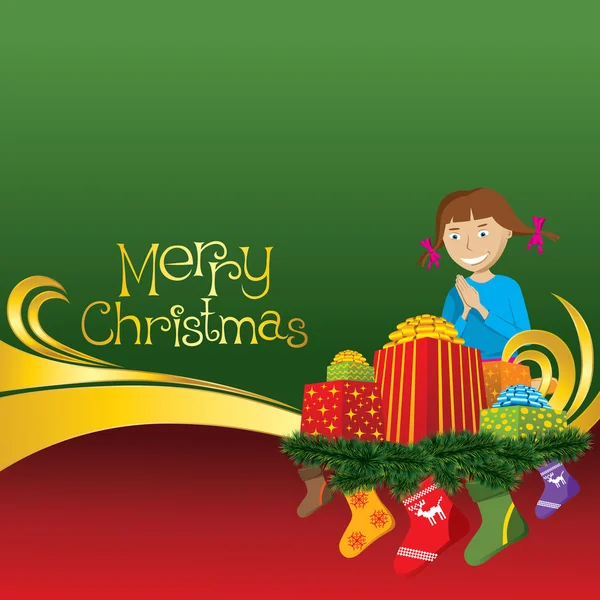 Carte de Noël avec chaussettes et fille — Image vectorielle