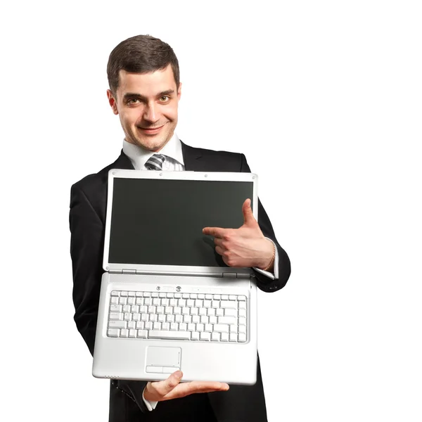 Biznesmen z otwartym laptopem w ręce — Zdjęcie stockowe