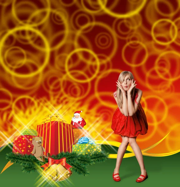 红色与圣诞礼物的女人 — 图库照片