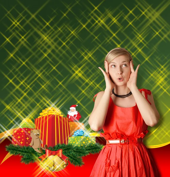 Woman In Red With Christmas Gifts — Stok fotoğraf