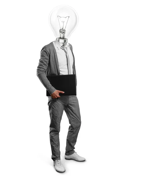 Lamp head businessman with laptop — Stock Photo, Image