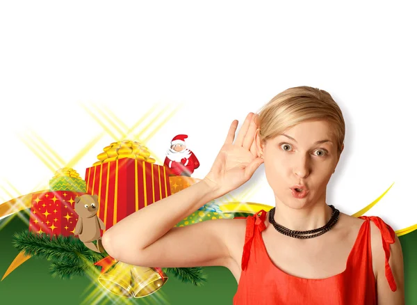 Kvinna i röd med julklappar — Stockfoto
