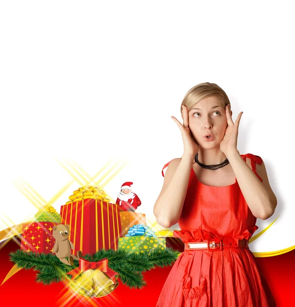 Nő a piros karácsonyi ajándékok — 스톡 사진