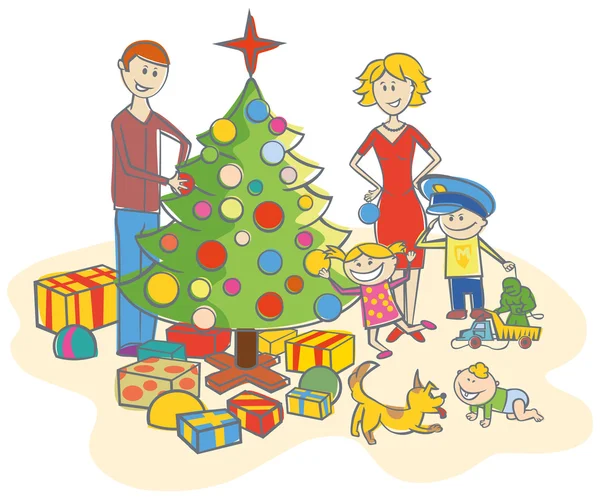 Família feliz vestir-se a árvore de Natal isolado —  Vetores de Stock