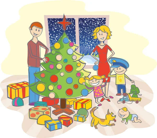 Família feliz vestindo a árvore de Natal —  Vetores de Stock