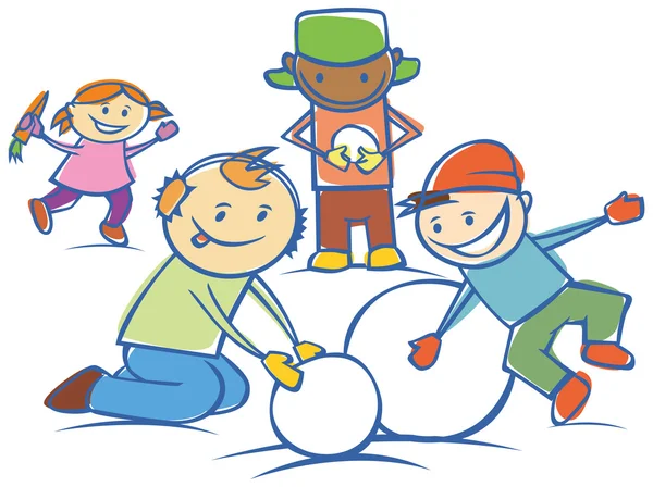 分離された雪の男を作る子供たち — ストックベクタ