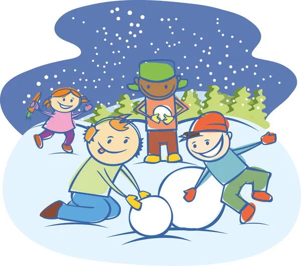 Enfants faisant un bonhomme de neige isolé — Image vectorielle