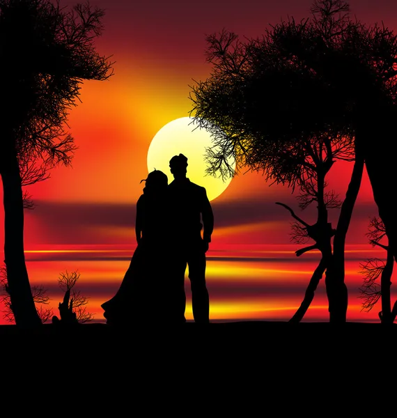 Dos amantes en la puesta del sol — Vector de stock