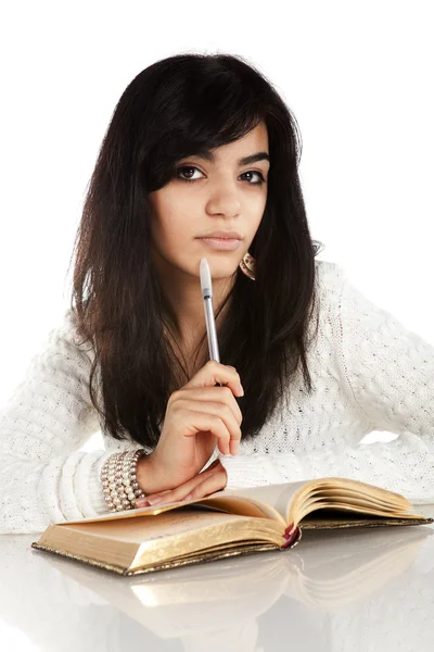 Beautiful brunette woman with a notebook — Stock Photo, Image