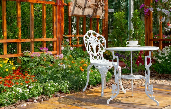 Garten und weißer Stuhl — Stockfoto