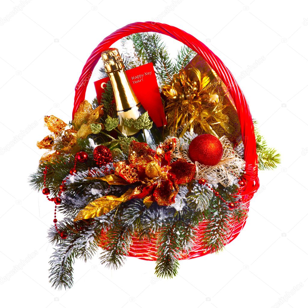 Christmas gift basket on white background