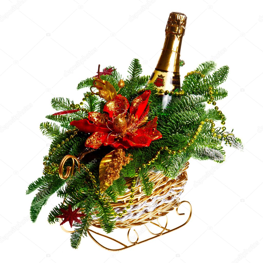 Christmas gift basket on white background