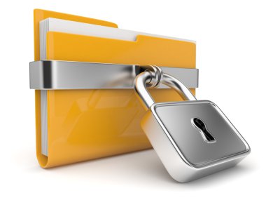 Yellow folder and lock. Data security concept. 3D isolated clipart