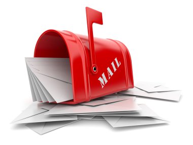 Red mail box with heap of letters. 3D illustration isolated clipart