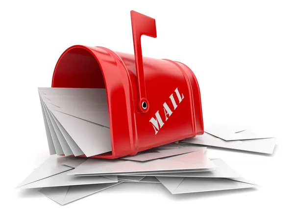 Caixa de correio vermelha com montes de letras. Ilustração 3D isolada — Fotografia de Stock