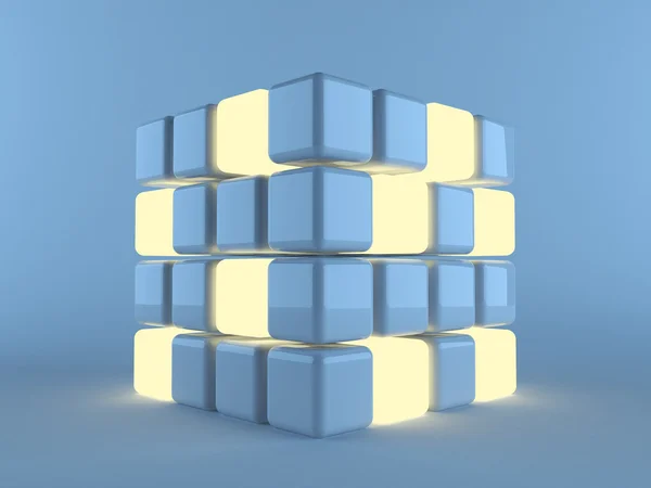 Verlichte kubussen op blauwe achtergrond. 3D illustratie — Stockfoto