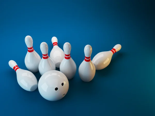 Bowling. Illustrazione 3D su sfondo blu scuro. gioco — Foto Stock