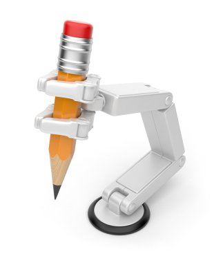 Robotic hand holding pencil 3d. Artificial intelligence. Isolate clipart