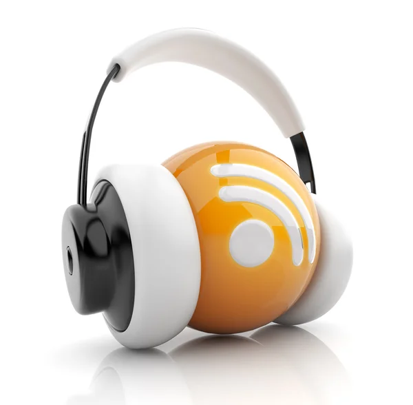 Flöde eller RSS-ikonen 3d. blogg. Sphere häxa audio hörlurar. — Stockfoto