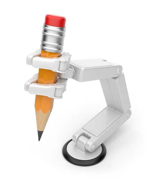 Ρομποτικό χέρι εκμετάλλευση μολύβι 3d. τεχνητή νοημοσύνη. απομόνωση — Φωτογραφία Αρχείου