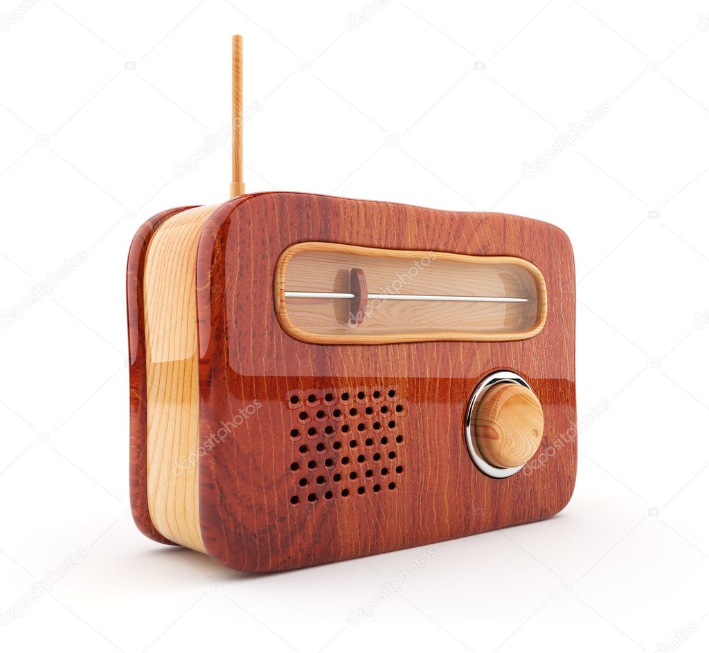 Wooden radio 3D. Retro style. Isolated on white background