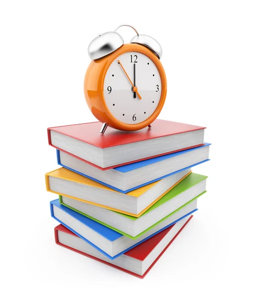 Alarm clock standing on stack of books. 3D Isolated on white bac — Stock Photo, Image