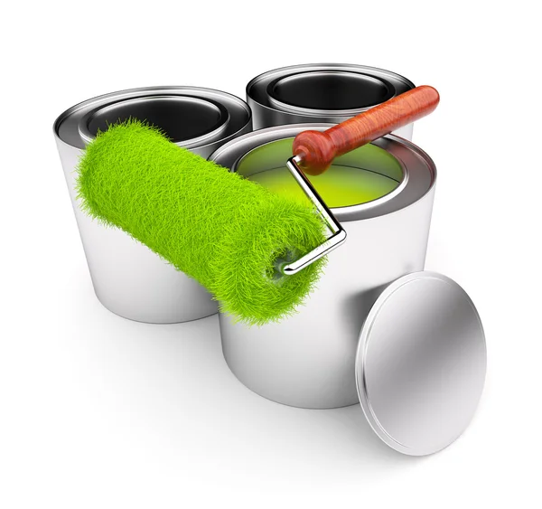 Grüne Grasfarbe. Walze und Stahldose isoliert auf weißem Bac — Stockfoto