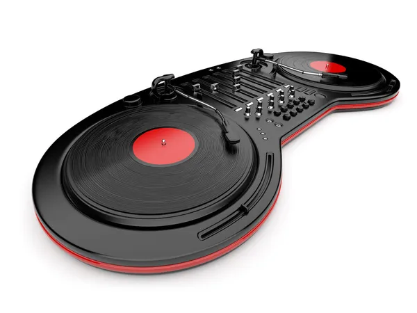 DJ controle misturador de música com disco de vinil 3D. Isolado em branco — Fotografia de Stock