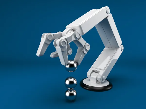 Robotic hand holding sphere 3d. Artificial intelligence. On blue — Stock Photo, Image
