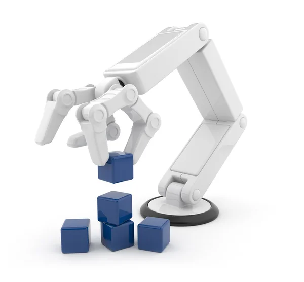Robotic hand verzamelen kubus 3d. kunstmatige intelligentie. geïsoleerde o Rechtenvrije Stockfoto's