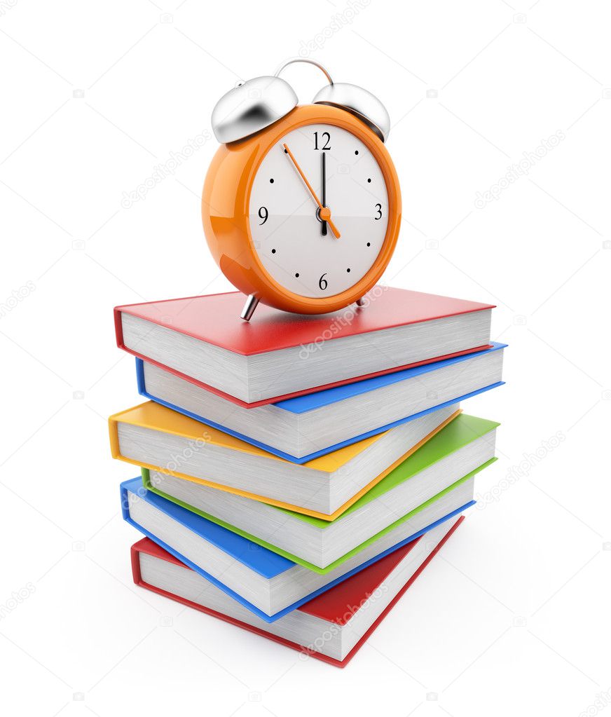 Alarm clock standing on stack of books. 3D Isolated on white bac