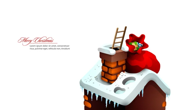 Salutation de Noël avec Mignonne Maison et Père Noël caché dans le — Image vectorielle