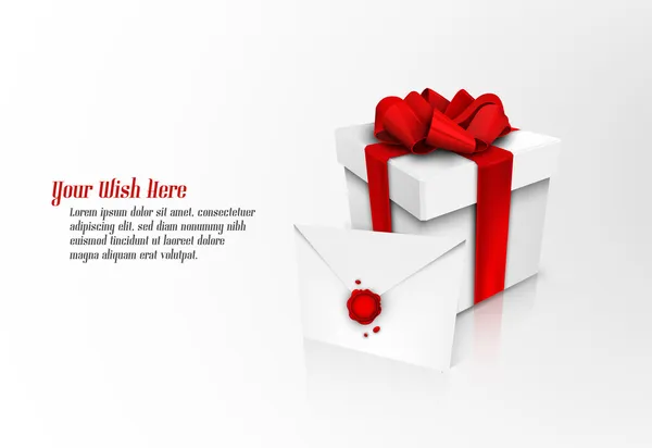 De doos van de gift van Kerstmis met red ribbon bow en wax verzegelde envelop — Stockvector