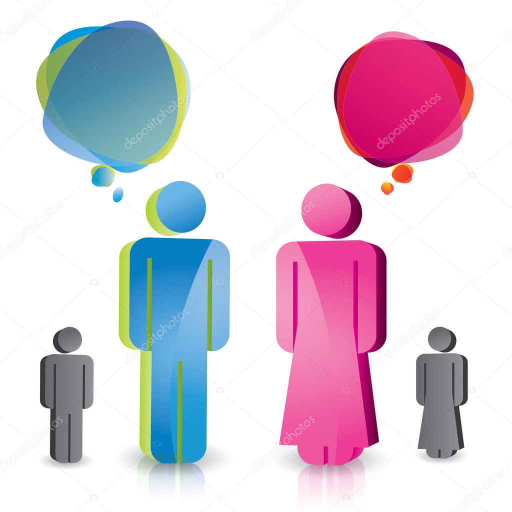 Glossy man and woman vector icons with speech bubbles