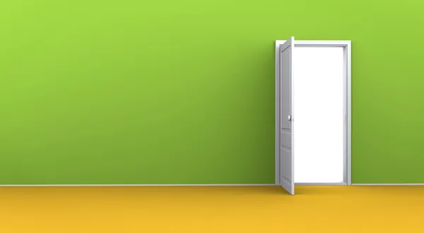 Geöffnete Tür in der grünen Wand in einem leeren Raum — Stockfoto