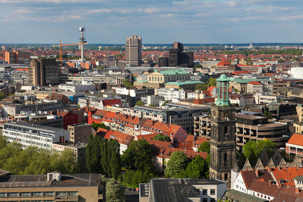 View on the center of Hannover from the new Town Hall (neues Rathaus), with on the right the tower of the Aegidiuskirche