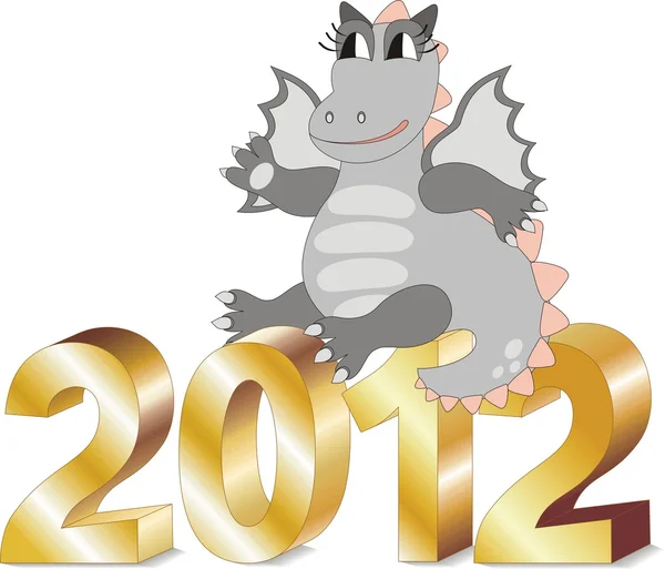 Dibujos animados dragón sentado en letras de oro 2012 en vector — Archivo Imágenes Vectoriales