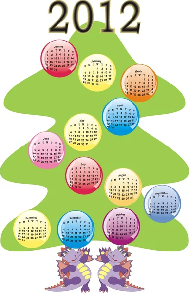 Calendrier 2012 sur arbre de Noël avec dragon dessin animé dans le vecteur — Image vectorielle