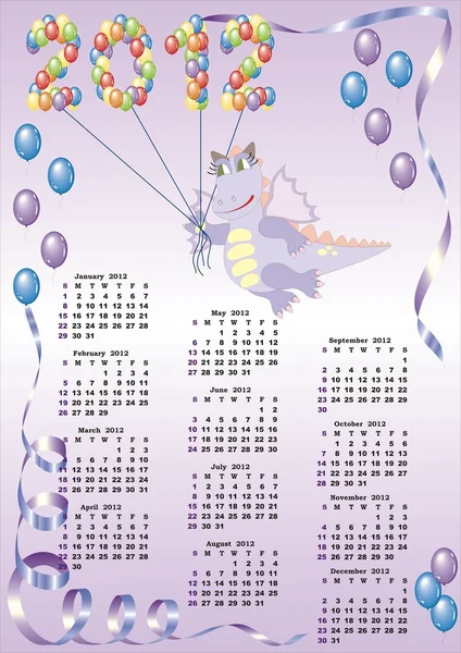 Calendario 2012 con dibujos animados dragón y globos en vector — Vector de stock