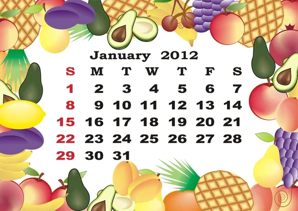 Janvier - calendrier mensuel 2012 dans un cadre coloré — Image vectorielle