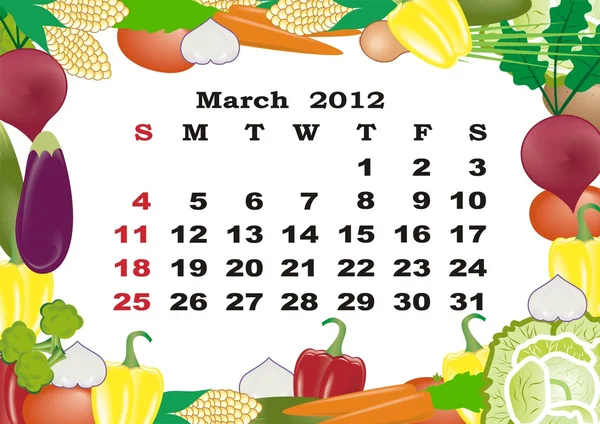 Mars calendrier mensuel 2012 dans un cadre coloré — Image vectorielle