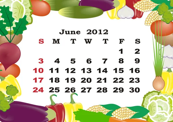 Junio - calendario mensual 2012 en marco colorido — Vector de stock