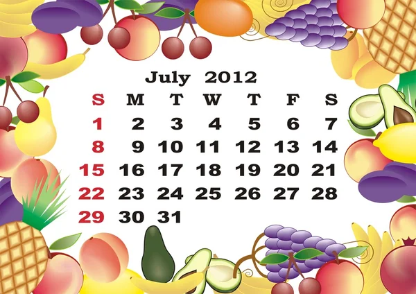 Julho - calendário mensal 2012 em moldura colorida — Vetor de Stock
