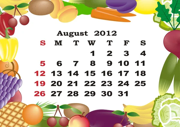 Agosto - calendario mensual 2012 en marco colorido — Vector de stock